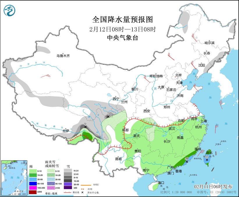 全国降水量预报图(2月12日08时-13日08时) 图片来源：中央气象台网站