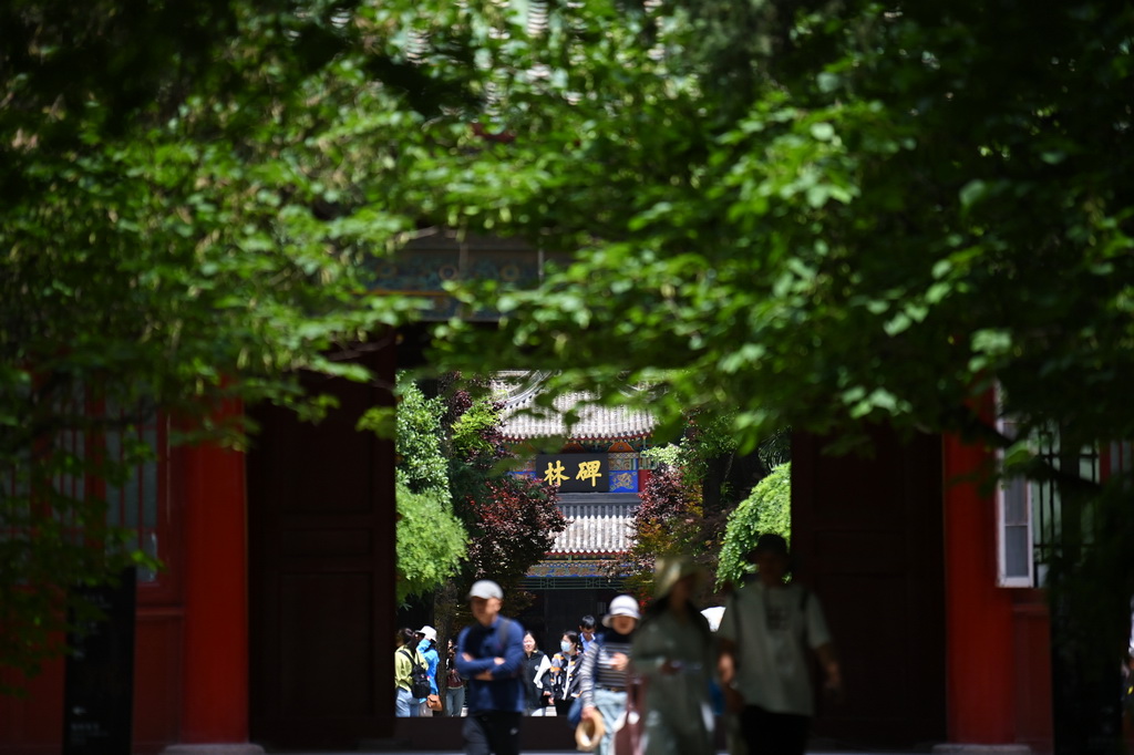 5月9日，游客在改造完成的西安碑林博物馆老馆区参观。