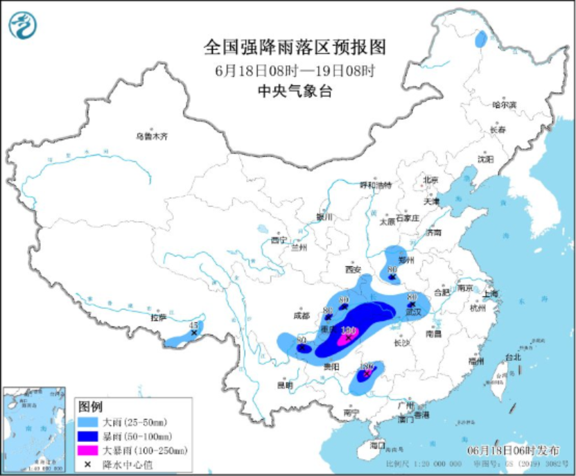 全国强降雨落区预报图（6月18日08时-19日08时）