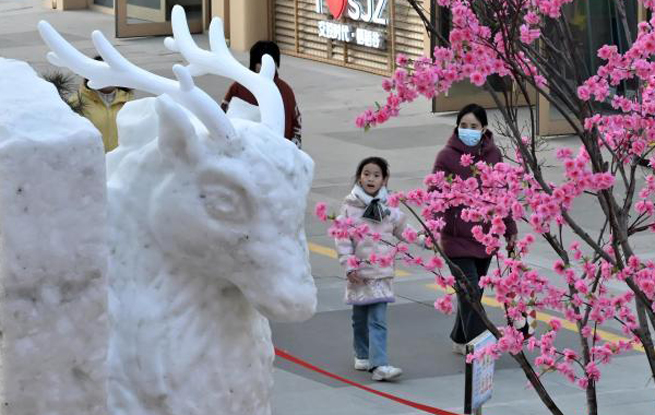 河北石家庄街头雪雕引市民打卡