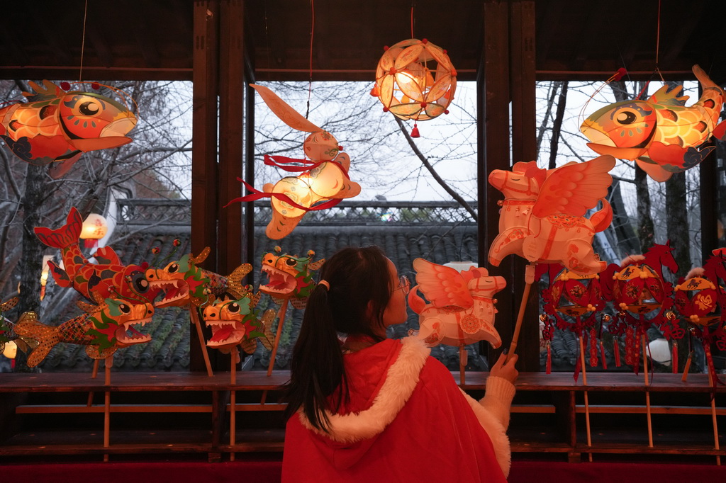 2月11日，一名女子在西溪湿地观看花灯。
