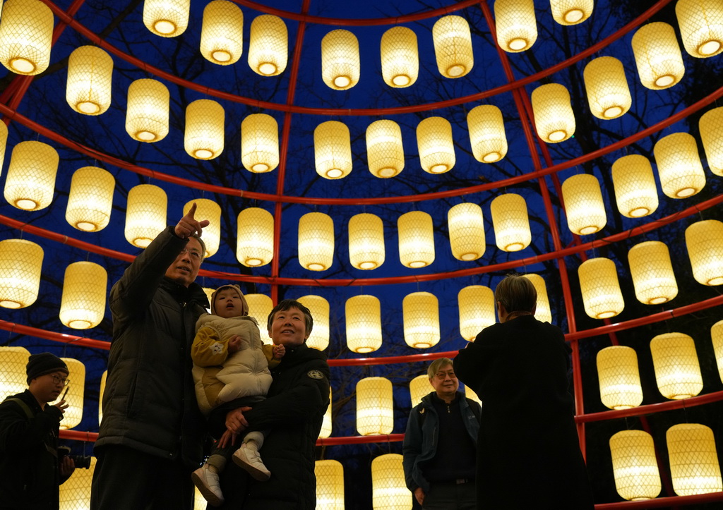 2月11日，游客在西溪湿地的花灯下参观、留影。