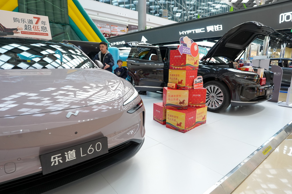 2月11日，在北京市朝阳区一个商场内，市民在了解新能源汽车。