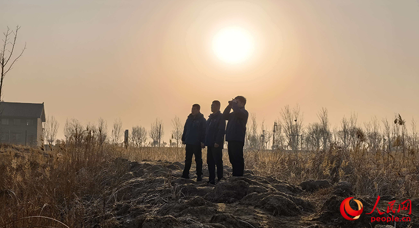 志愿者沿着芦苇荡观测巡护。人民网记者 申亚欣摄