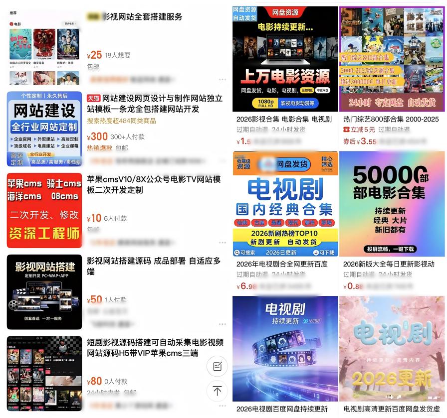 有商家售卖影视资源和网站搭建服务。电商平台截图