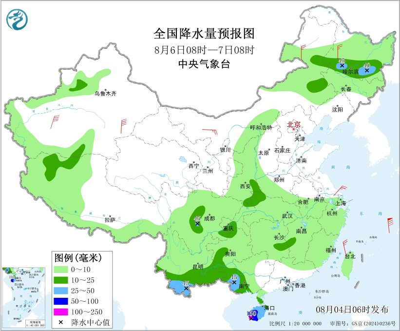 全国降水量预报图（8月6日08时-7日08时）