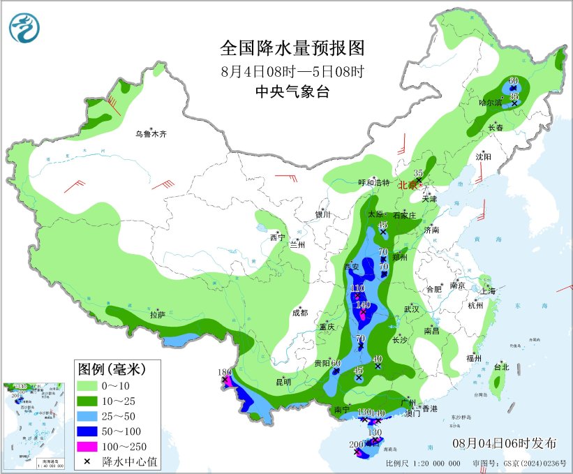 全国降水量预报图（8月4日08时-5日08时）