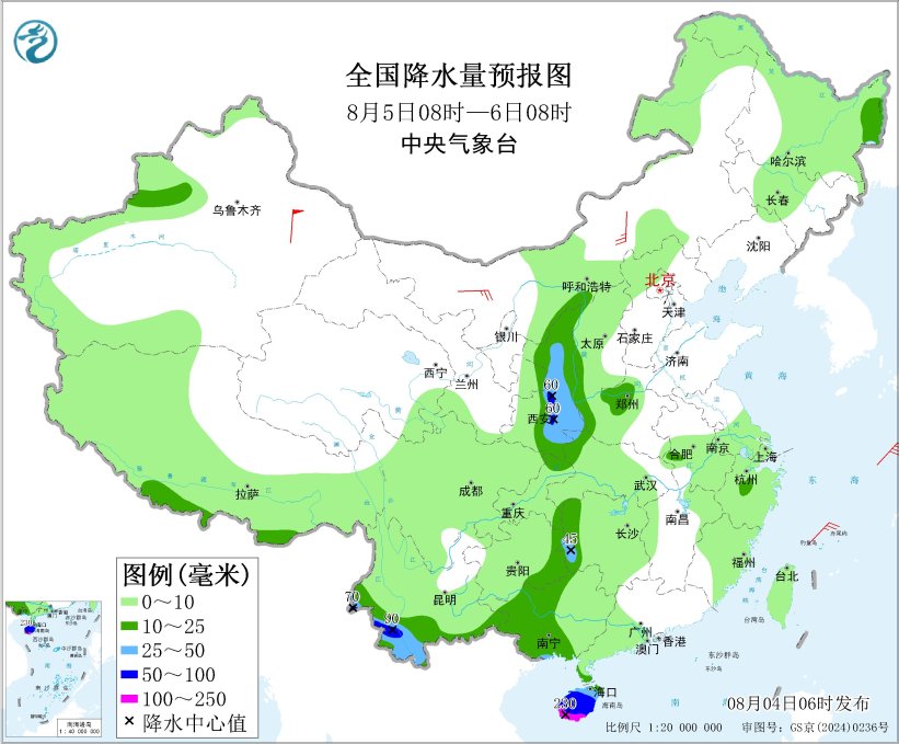 全国降水量预报图（8月5日08时-6日08时）