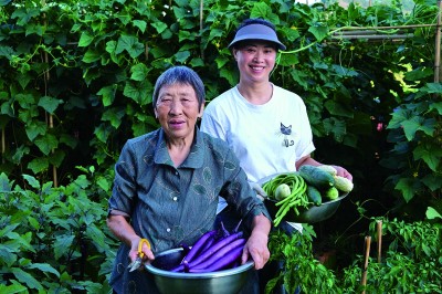 浙江省衢州市常山县“跨省食堂”负责人张芝辉（右）和母亲采摘蔬菜。