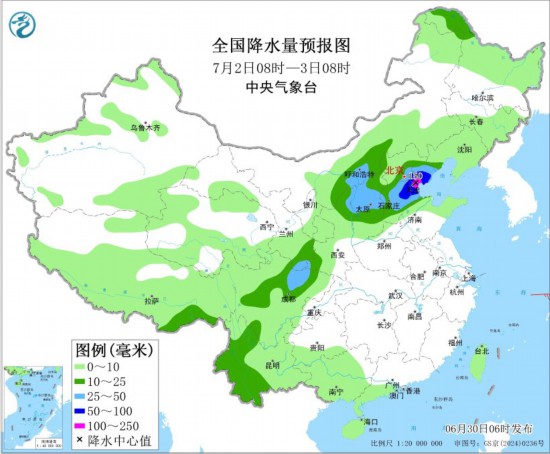 全国降水量预报图(7月2日08时-3日08时)