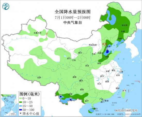 全国降水量预报图(7月1日08时-2日08时)