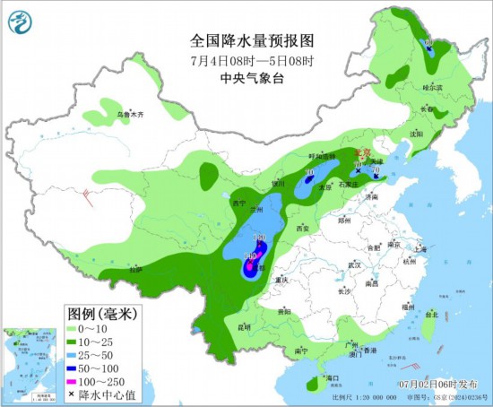 全国降水量预报图(7月4日08时-5日08时)