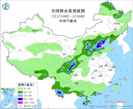 全国降水量预报图(7月2日08时-3日08时)