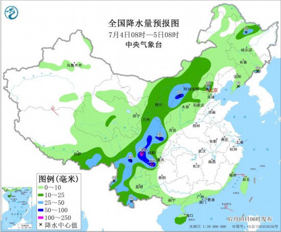 全国降水量预报图(7月4日08时-5日08时)