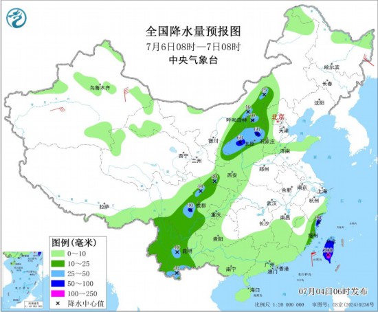 全国降水量预报图(7月6日08时-7日08时)