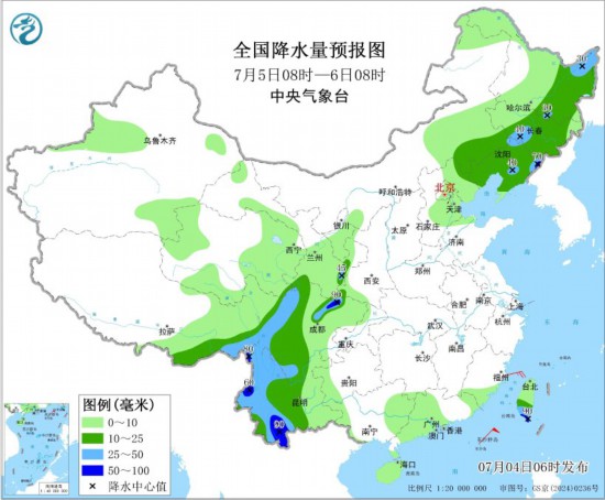 全国降水量预报图(7月5日08时-6日08时)