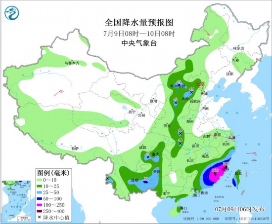 全国降水量预报图(7月9日08时-10日08时) 图片来源：中央气象台网站