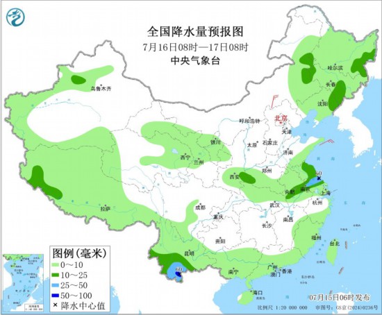 全国降水量预报图(7月16日08时-17日08时)