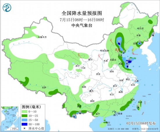 全国降水量预报图(7月15日08时-16日08时)