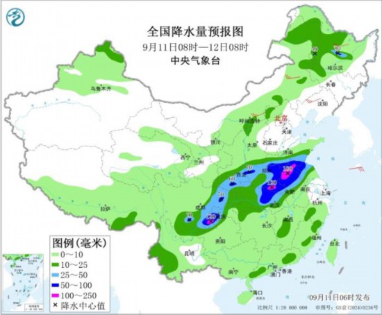 图2 全国降水量预报图(9月11日08时-12日08时)。图片来源：中央气象台网站