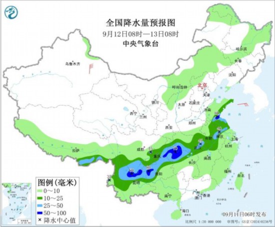 图3 全国降水量预报图(9月12日08时-13日08时)。图片来源：中央气象台网站