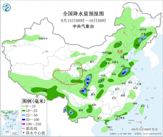 全国降水量预报图(9月15日08时-16日08时)
