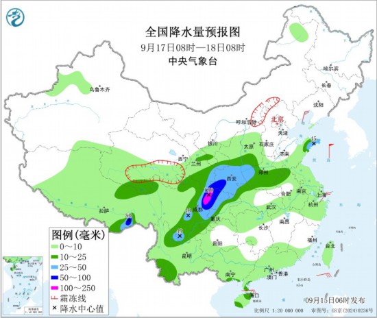 全国降水量预报图(9月17日08时-18日08时)