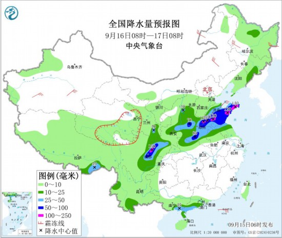 全国降水量预报图(9月16日08时-17日08时)